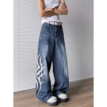Riolio Men Loose Straight Leg Extra Long Floor Sweeping Jeans Unique Printed Design New Autumn Fashion Trendy Casual Streetwear